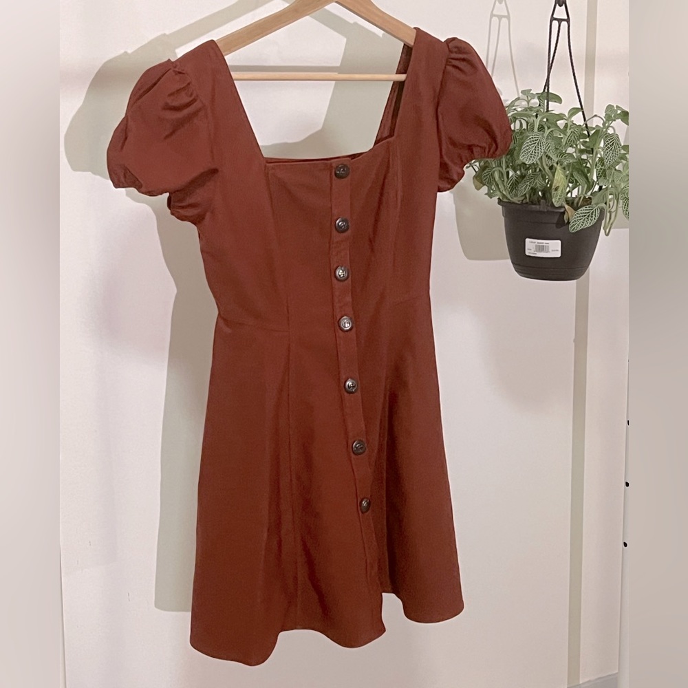 corduroy brown puff sleeve mini dress